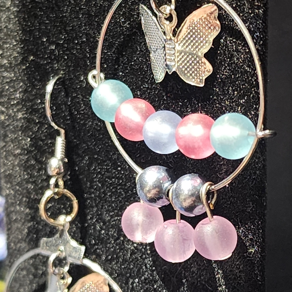 Silver and Pink Butterfly Earrings Handmade - Picture 4 of 5